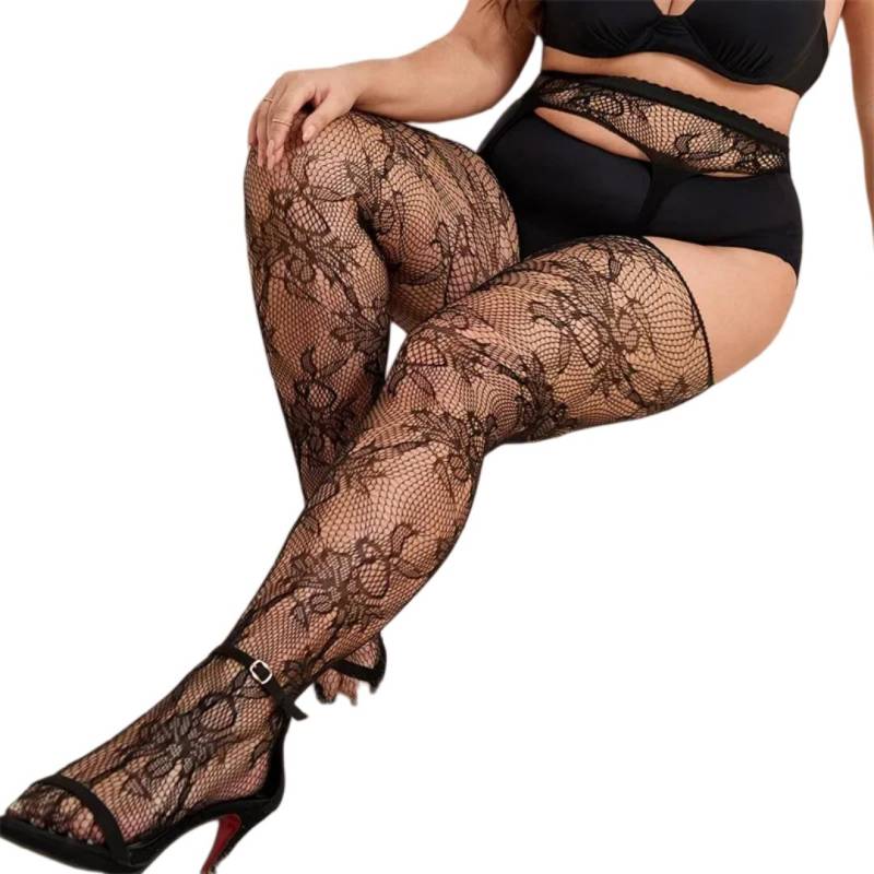 Übergröße Damen Spitze Floral Oberschenkelhohe Strumpfhose Netzstrümpfe Über Knie Netzsocken Strumpfhose Leggings Unterteil 40-100KG(80-200LBS) von Joom DACH