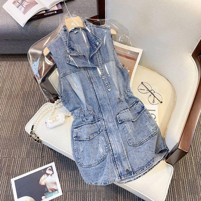 Übergröße Damen Weste Ärmellos Taillenbindung Mode Schlankmachend Lang Retro Jeansjacke Lässiges Design L blau von Joom DACH