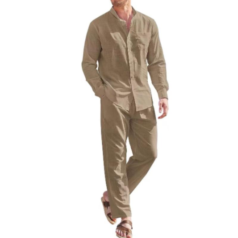 Übergröße Herren Casual Leinen Zweiteiler Sets Europa Stil Vintage Basic Oberteile und einfarbige Hose Anzug Männlicher Strand Trainingsanzug Set L von Joom DACH