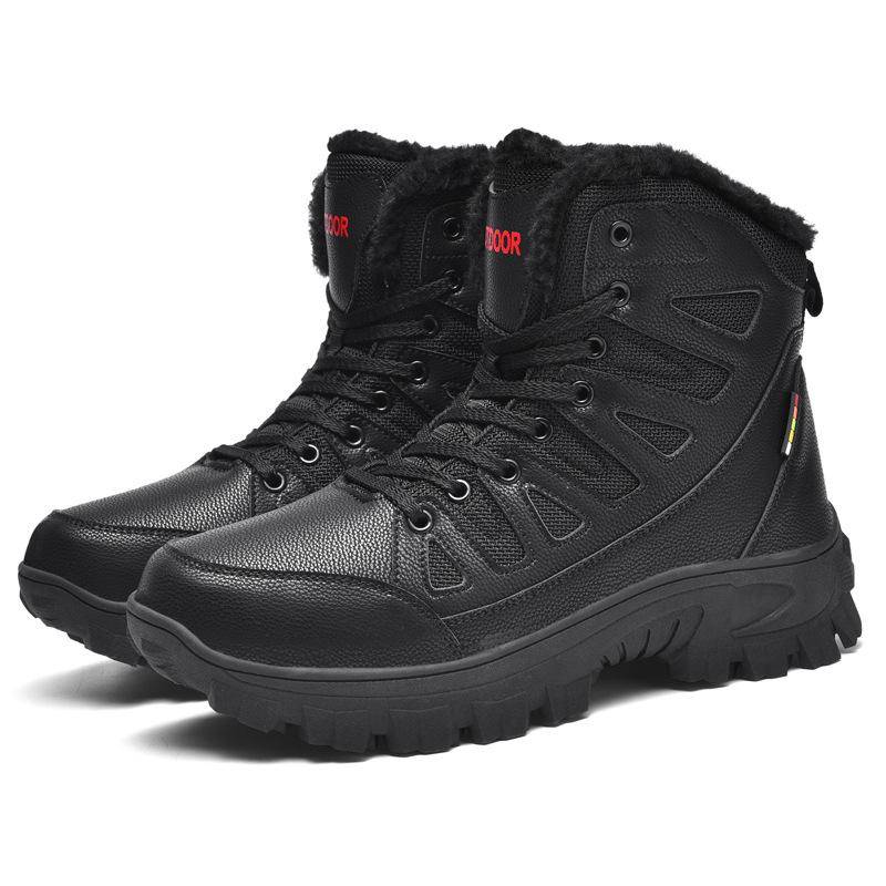 Übergröße Herren Outdoor Leder plus Samt Schneestiefel Nord Thermische Baumwollstiefel Hi-Top Wanderschuhe 48 schwarz von Joom DACH