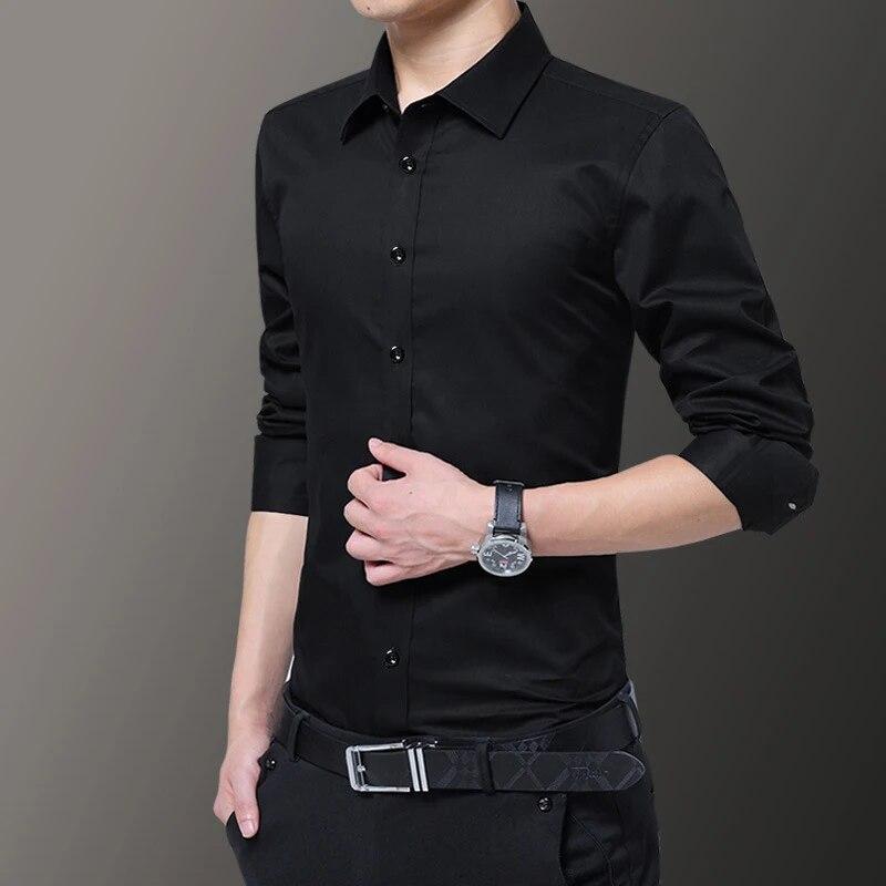 Übergröße Herren Slim Einfarbig Langarmhemd Business Casual Weißes Hemd L schwarz von Joom DACH