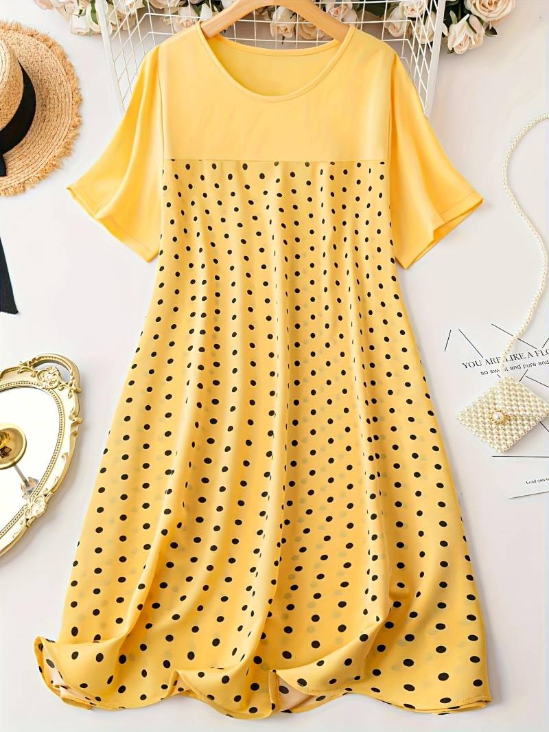 Übergröße Kleid mit Polka-Dot-Print, lässiges Rundhals-Kurzarmkleid, Damenbekleidung in Übergröße XXXL zitronengelbe von Joom DACH