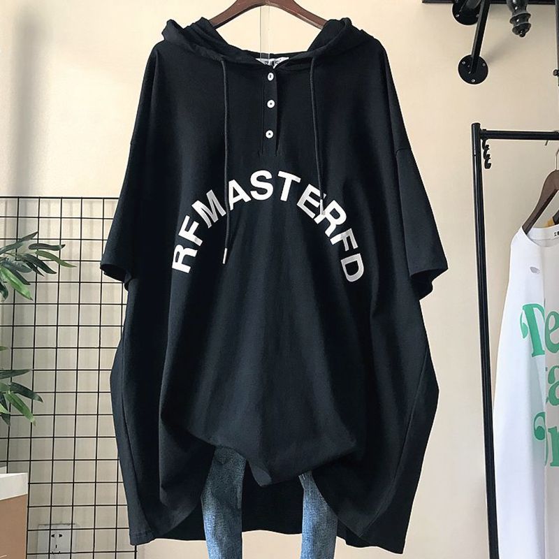 Übergröße Oversized T-Shirts Damen Kapuzenpullover Mittellang Kurzarm T-Shirt Sommer Koreanischer Stil Lockerer Hoodie Lässige T-Shirts Frau XXXXL schwarz von Joom DACH
