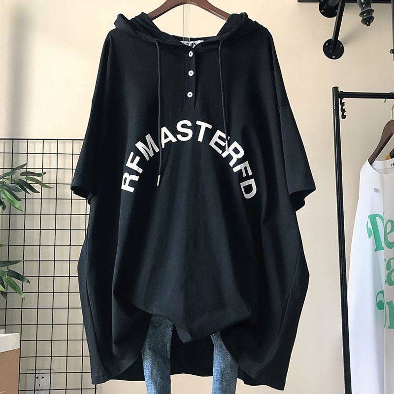 Übergröße Oversized T-Shirts Damen Kapuzenpullover Mittellang Kurzarm T-Shirt Sommer Koreanischer Stil Lockerer Hoodie Lässige T-Shirts Frau XXXXL schwarz von Joom DACH