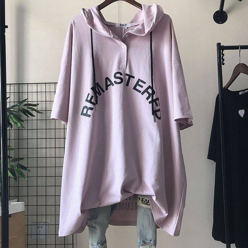 Übergröße Oversized T-Shirts Damen Kapuzenpullover Mittellang Kurzarm T-Shirt Sommer Koreanischer Stil Lockerer Hoodie Lässige T-Shirts Frau XXXXL rosa von Joom DACH