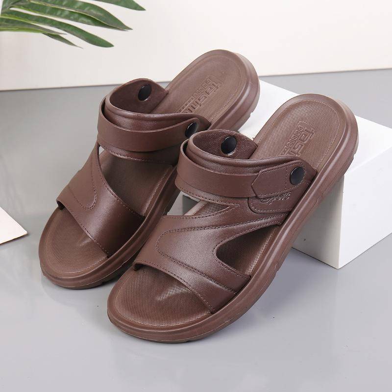 Übergröße Sommer Herren Ledersandalen Schwarz Flache Doppelfunktions-Slipper Outdoor Strand Freizeit Sandalenschuhe für Herren Sandalias Neu 50 braun von Joom DACH