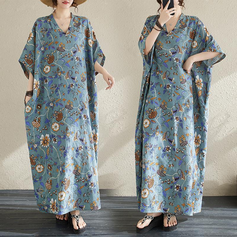 Übergröße Sommer Langes Kleid Strand Damen V-Ausschnitt Blumendruck Urlaub Weiches Leinen Lockere Maxikleider One Size von Joom DACH