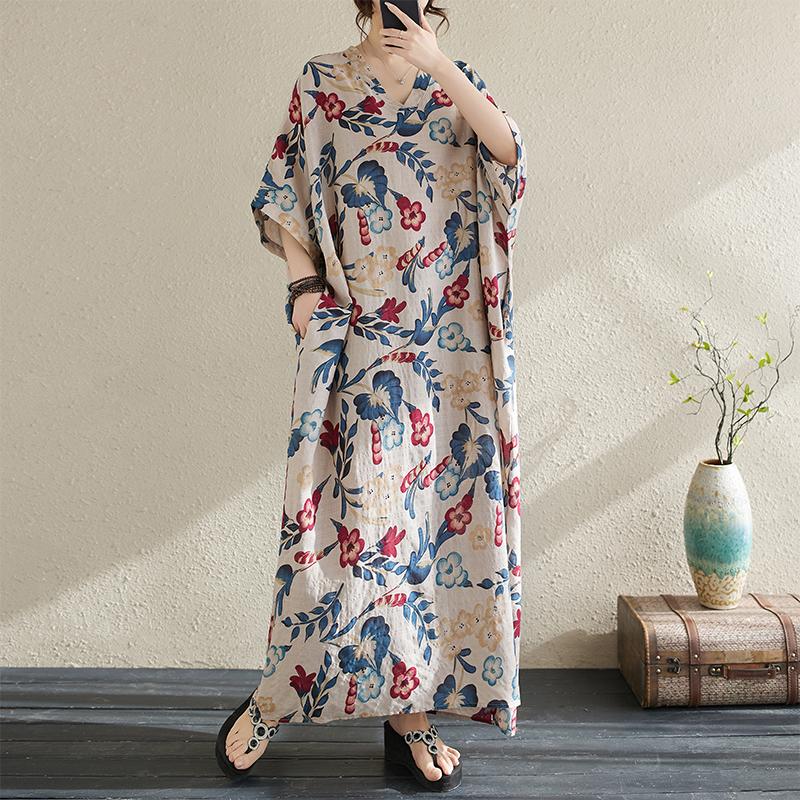 Übergröße Sommer Langes Kleid Strand Damen V-Ausschnitt Urlaub Blumendruck Lässig Weiches Leinen Lockere Maxikleider One Size von Joom DACH