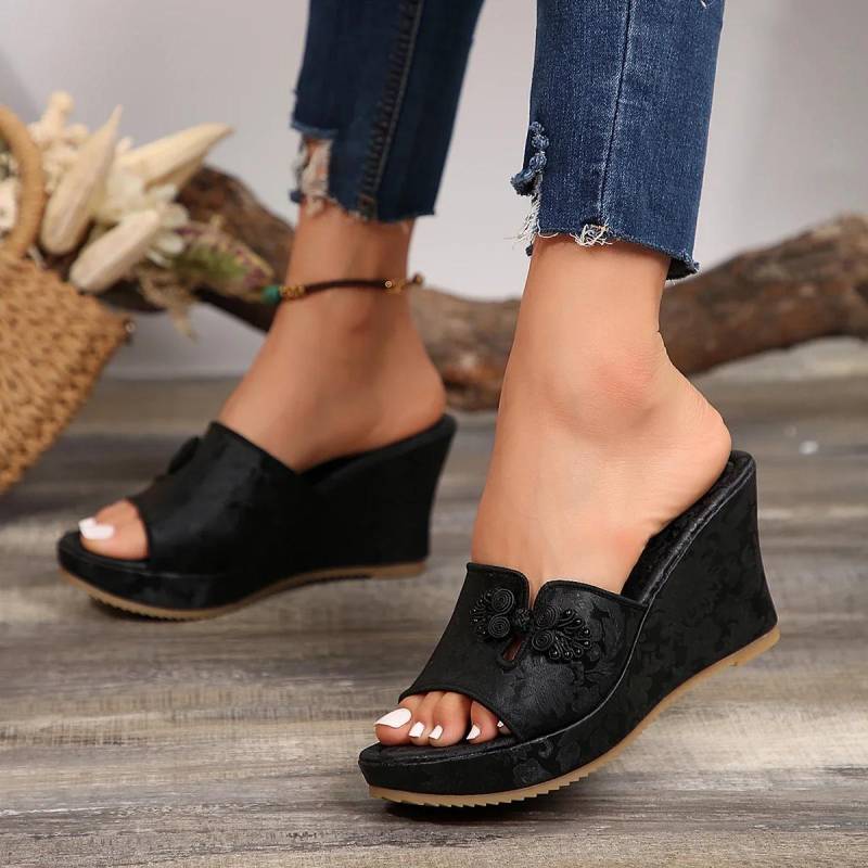 Übergrößenschuhe Damen Moderne Damen Hausschuhe Retro Kleid Hausschuhe Damen Runde Zehenpartie Print Offene Zehen Plateau Keilsandalen 43 schwarz von Joom DACH