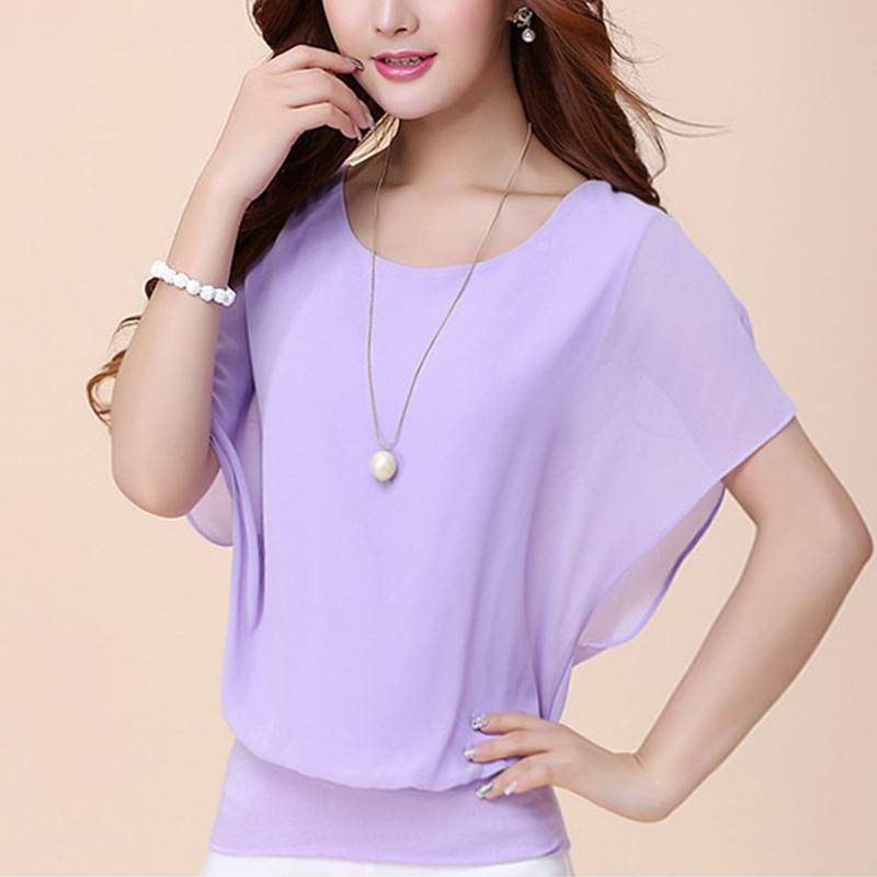 Übergroße Chiffon-Frauen-Mode-Rundhals-Sommer-Kurzschluss-Hülsen-Fledermaus-Bluse Damen einfarbige, kausale, lose Tops in Übergröße 5XL violett von Joom DACH