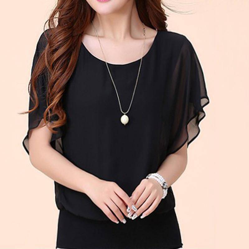 Übergroße Chiffon-Frauen-Mode-Rundhals-Sommer-Kurzschluss-Hülsen-Fledermaus-Bluse Damen einfarbige, kausale, lose Tops in Übergröße 5XL schwarz von Joom DACH