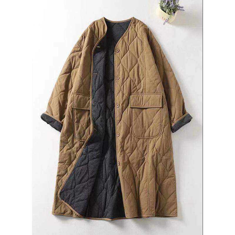 Übergroße Damen-Parkas, kragenlos, langärmelig, einreihig, Damen-Wintermantel, lässig, dick, warm, Oberbekleidung, Mantel M khaki von Joom DACH