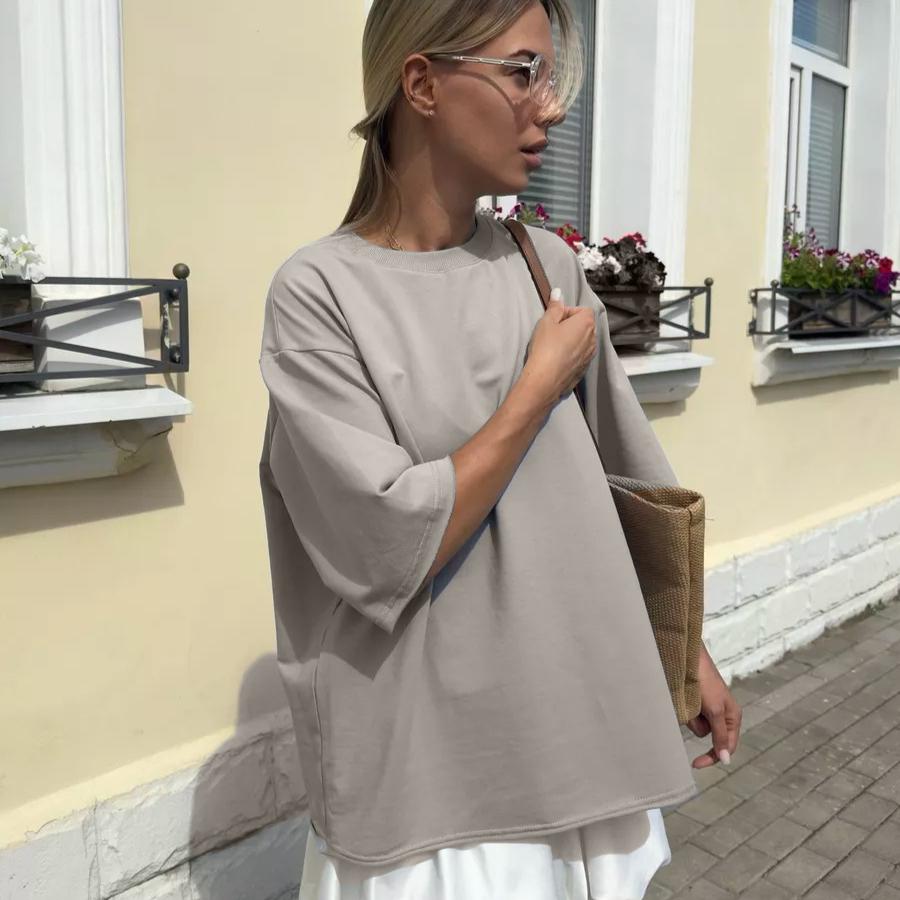 Übergroße Kurzarm-T-Shirts für Damen, Basic-T-Shirt mit Rundhalsausschnitt, atmungsaktiv, lockere Passform, lässiges Workout, einfarbig, Baumwoll-Pullover-Oberteile für Frauen S/M licht grau von Joom DACH