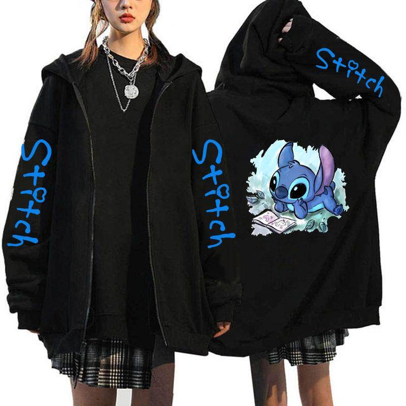 Übergroßer Y2k Zip-up Hoodie Disney Damen Lilo & Stitch Kostüm Winterkleidung Frau Langarm Warme Jacke Zip-up Street Tops 4XL von Joom DACH