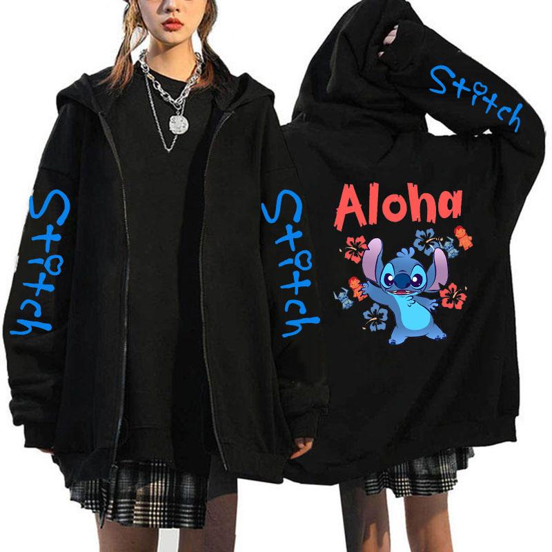 Übergroßer Y2k Zip-up Hoodie Disney Damen Lilo & Stitch Kostüm Winterkleidung Frau Langarm Warme Jacke Zip-up Street Tops 4XL von Joom DACH