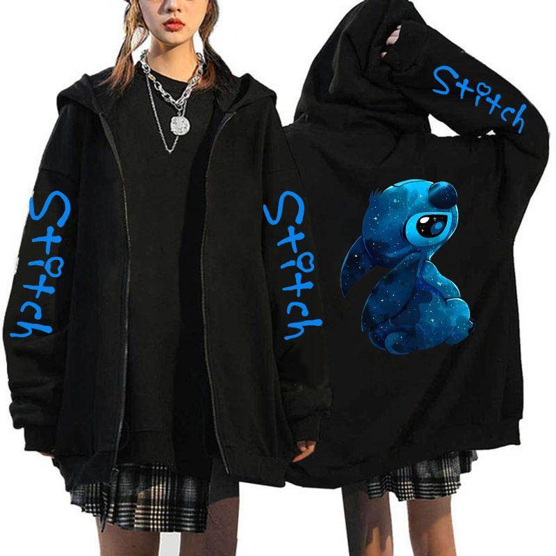 Übergroßer Y2k Zip-up Hoodie Disney Damen Lilo & Stitch Kostüm Winterkleidung Frau Langarm Warme Jacke Zip-up Street Tops L von Joom DACH