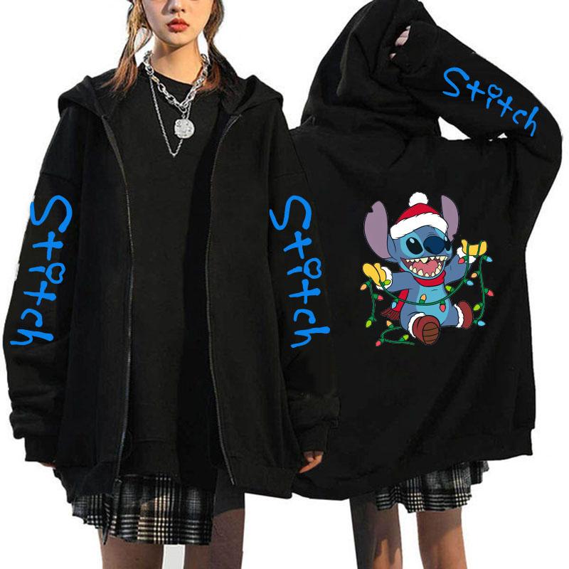Übergroßer Y2k Zip-up Hoodie Disney Damen Lilo & Stitch Kostüm Winterkleidung Frau Langarm Warme Jacke Zip-up Street Tops L von Joom DACH