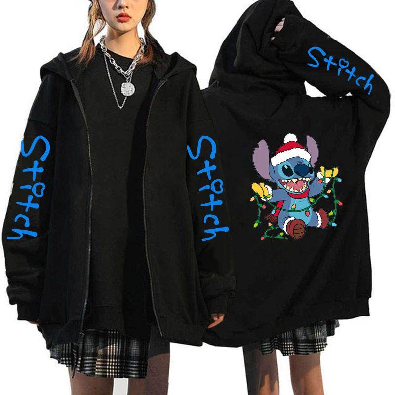 Übergroßer Y2k Zip-up Hoodie Disney Damen Lilo & Stitch Kostüm Winterkleidung Frau Langarm Warme Jacke Zip-up Street Tops L von Joom DACH