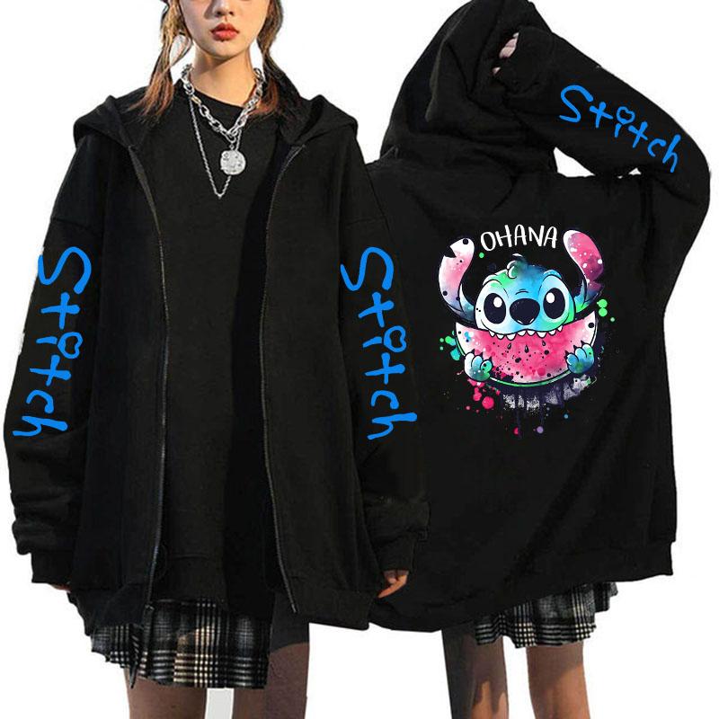 Übergroßer Y2k Zip-up Hoodie Disney Damen Lilo & Stitch Kostüm Winterkleidung Frau Langarm Warme Jacke Zip-up Street Tops L von Joom DACH