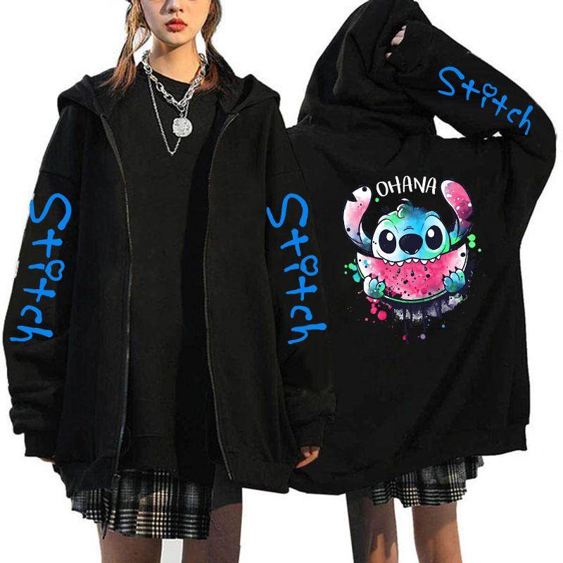 Übergroßer Y2k Zip-up Hoodie Disney Damen Lilo & Stitch Kostüm Winterkleidung Frau Langarm Warme Jacke Zip-up Street Tops L von Joom DACH