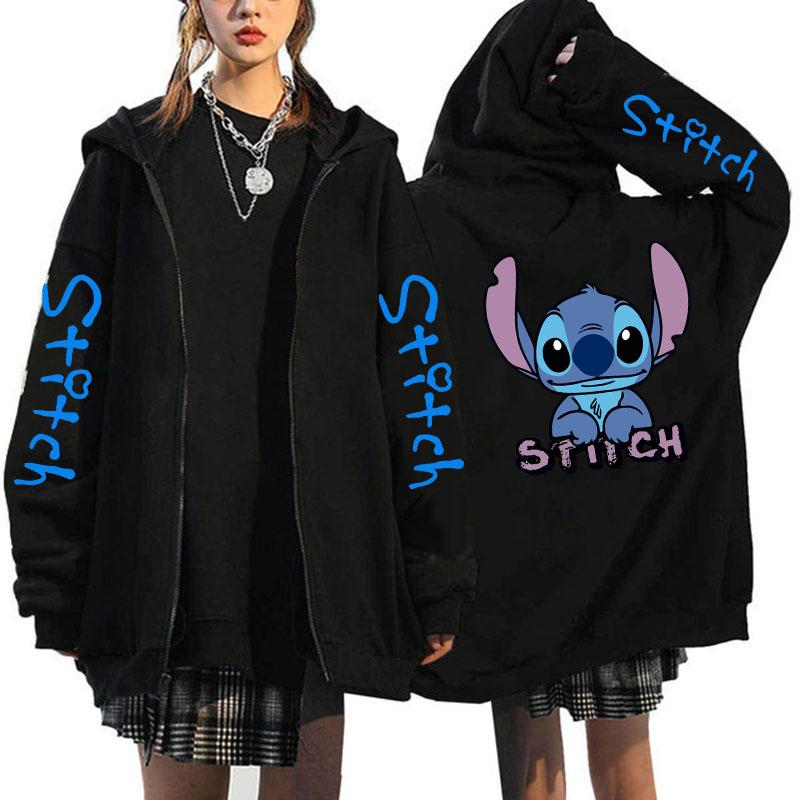 Übergroßer Y2k Zip-up Hoodie Disney Damen Lilo & Stitch Kostüm Winterkleidung Frau Langarm Warme Jacke Zip-up Street Tops L von Joom DACH