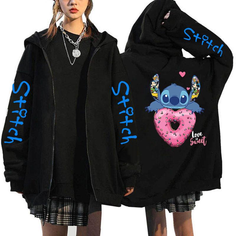 Übergroßer Y2k Zip-up Hoodie Disney Damen Lilo & Stitch Kostüm Winterkleidung Frau Langarm Warme Jacke Zip-up Street Tops M von Joom DACH