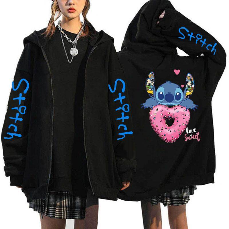 Übergroßer Y2k Zip-up Hoodie Disney Damen Lilo & Stitch Kostüm Winterkleidung Frau Langarm Warme Jacke Zip-up Street Tops M von Joom DACH