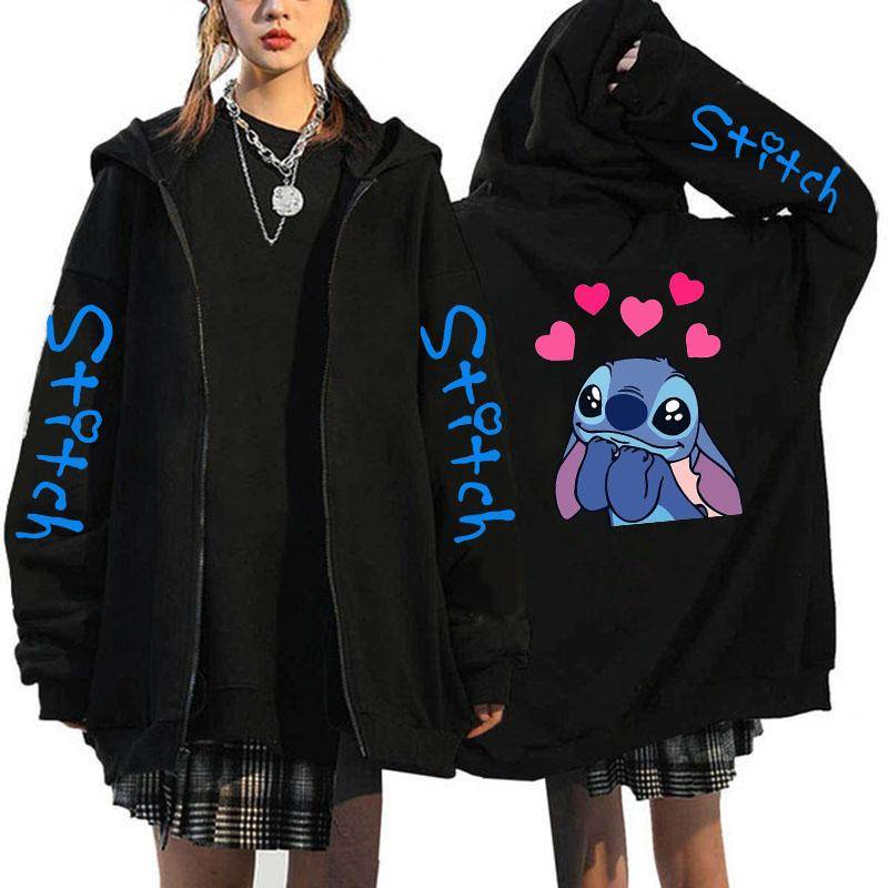 Übergroßer Y2k Zip-up Hoodie Disney Damen Lilo & Stitch Kostüm Winterkleidung Frau Langarm Warme Jacke Zip-up Street Tops S schwarz von Joom DACH