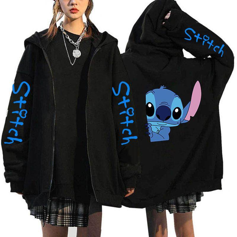 Übergroßer Y2k Zip-up Hoodie Disney Damen Lilo & Stitch Kostüm Winterkleidung Frau Langarm Warme Jacke Zip-up Street Tops XS von Joom DACH