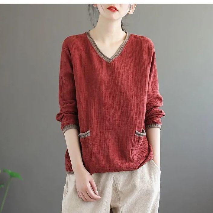 Übergroßes Vintage T-Shirt Damen Baumwolle Leinen T-Shirt Langarm Blumenmuster Lose T-Shirt Frau Herbst T-Shirt Damen Tops Casual 3XL ziegelrot von Joom DACH