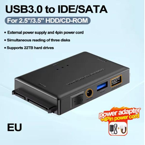 USB 3.0 zu SATA IDE Festplattenadapter Konverter Festplattenleser für 3,5 2,5 Zoll HDD/SSD CD DVD ROM CD-RW 3 in 1 USB IDE SATA Adapter EU Plug von Joom DACH