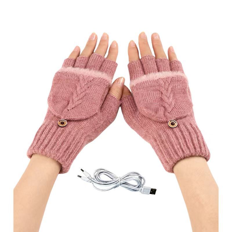 USB Elektrisch Beheizte Handschuhe Halbfinger Klappbar Wildleder Gestrickt Jacquard Wintermode Damen Wollig Fingerlos von Joom DACH
