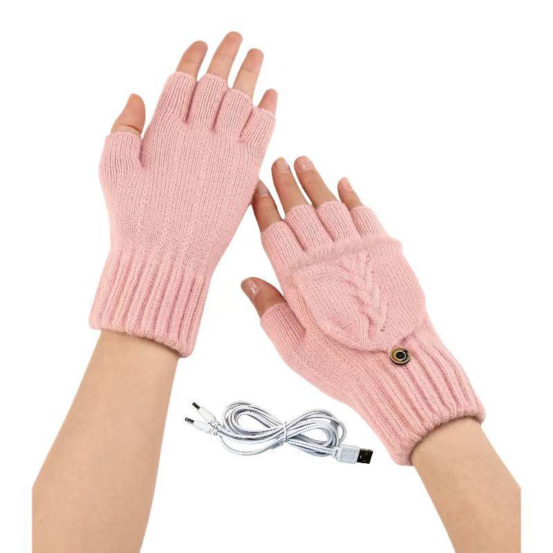 USB Elektrisch Beheizte Handschuhe Halbfinger Klappbar Wildleder Gestrickt Jacquard Wintermode Damen Wollig Fingerlos von Joom DACH