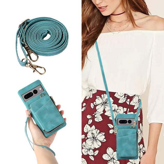 Umhängetasche aus Leder mit Halskette, Umhängeband, Reißverschluss, Geldbörse, Karten, Handyhülle für Google Pixel 7 Pro 7A 6A, Geldbörse, Münze, Handytasche, Handschlaufe For Pixel 7Pro grün von Joom DACH