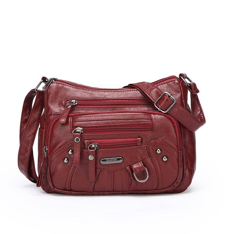 Umhängetasche für Damen aus weichem Leder mit mehreren Fächern, mehreren Taschen und Nähten für eine Schulter weinrot von Joom DACH