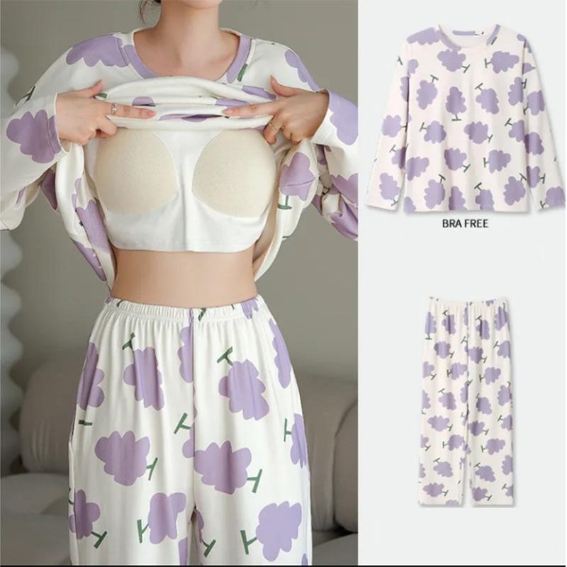 Umstandspyjama 2-teiliges Set mit Brustpolstern Frühling Herbst Langarm Locker Draussen Loungewear Damen Homewear Stillkleidung L violett von Joom DACH