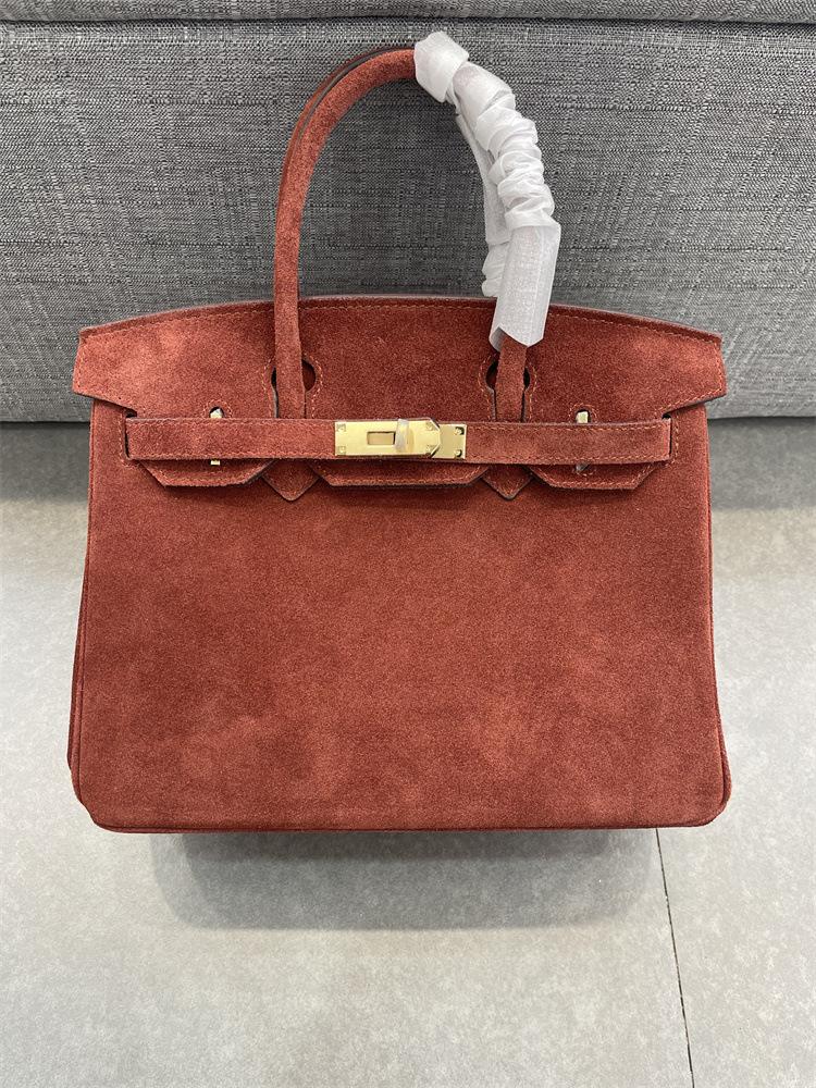 Und neue echte Leder Damen Tasche mattiertes Leder Wildleder Leder Platin Tasche Hand-gehalten Single Shoulder Diagonal Cross Bag 30x17x22cm ziegelrot von Joom DACH