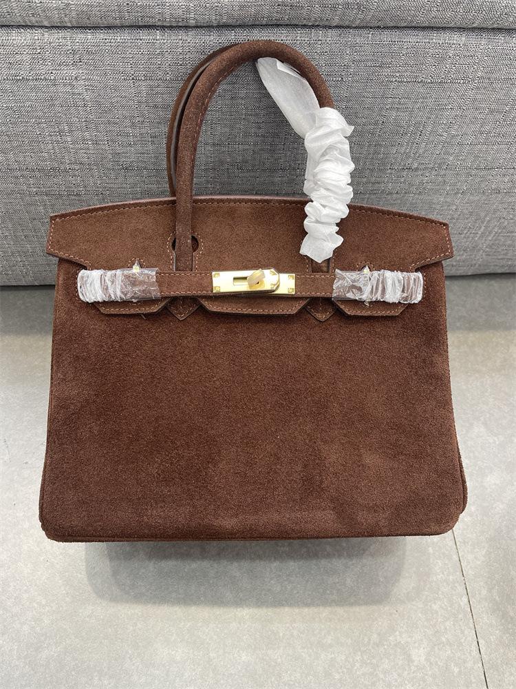 Und neue echte Leder Damen Tasche mattiertes Leder Wildleder Leder Platin Tasche Hand-gehalten Single Shoulder Diagonal Cross Bag 35x18x25cm strapless kaffeebraun von Joom DACH