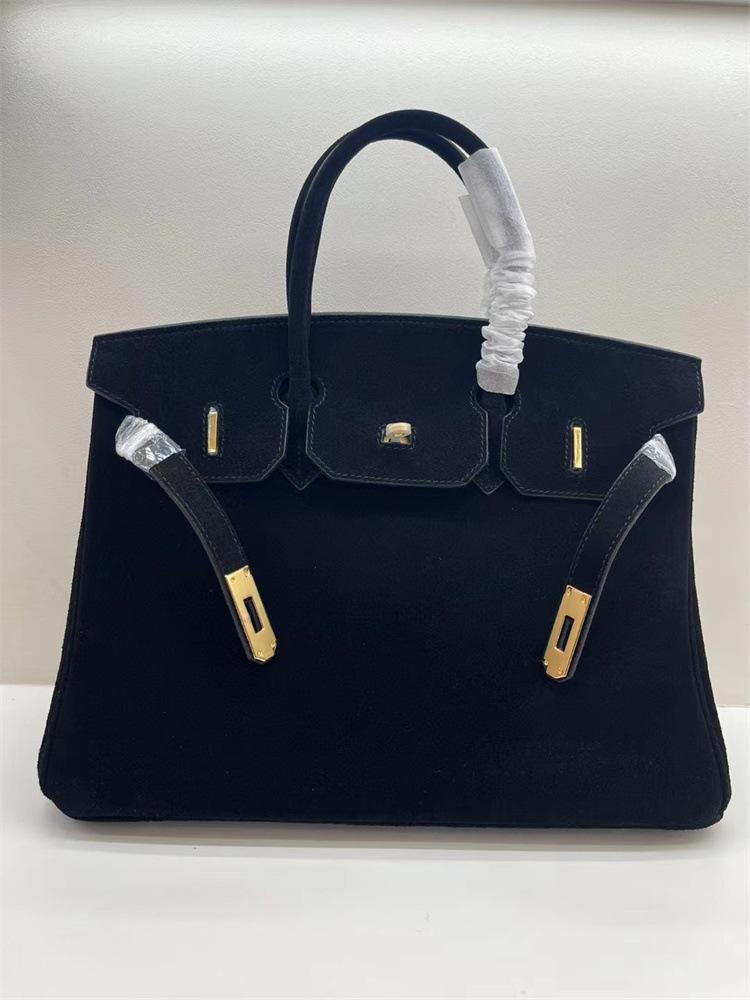 Und neue echte Leder Damen Tasche mattiertes Leder Wildleder Leder Platin Tasche Hand-gehalten Single Shoulder Diagonal Cross Bag 35x18x25cm strapless schwarz von Joom DACH