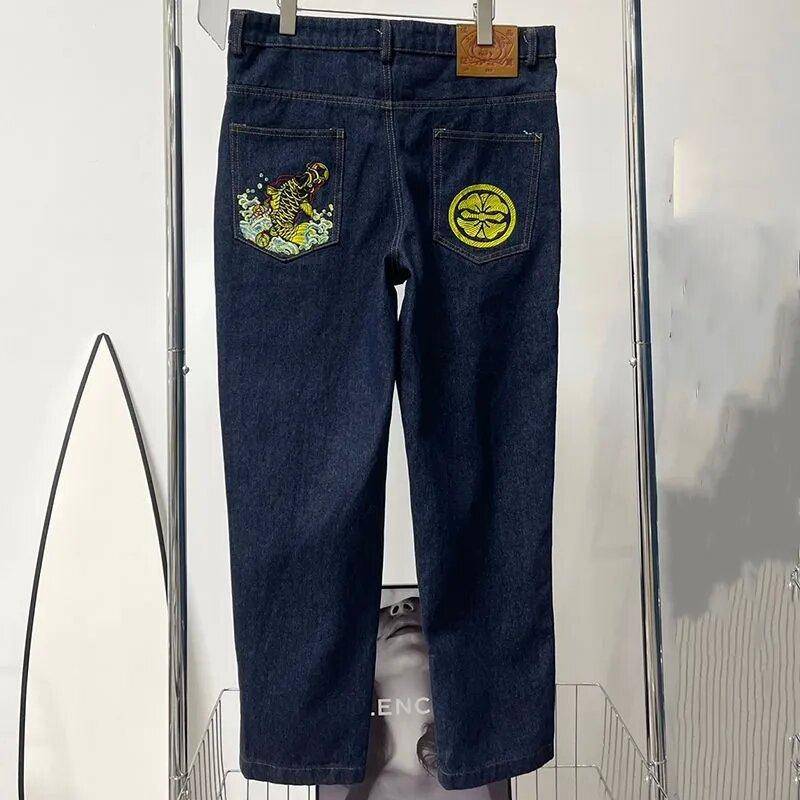 Unisex Bestickte Jeans Damen Gothic Y2K Retro Streetwear Herren Cargo Punk Vintage Kpop Wide Leg Denim Panrts Hosen XXL von Joom DACH