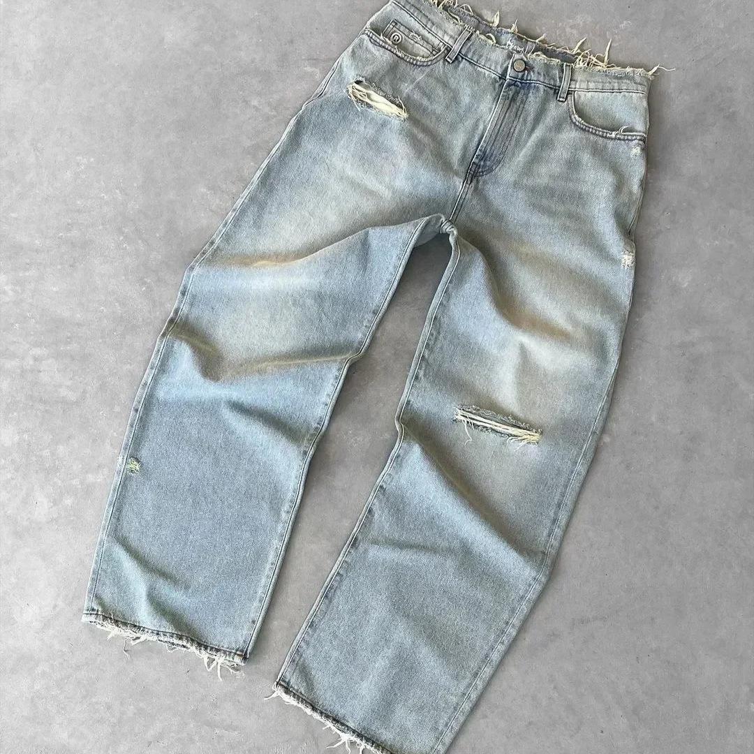 Unisex Gewaschene Zerrissene Distressed Jeans Damen und Herren Lochstickerei Weites Bein Amerikanischer Retro Denim Hosen Baggy Punk Streetwear M blau von Joom DACH