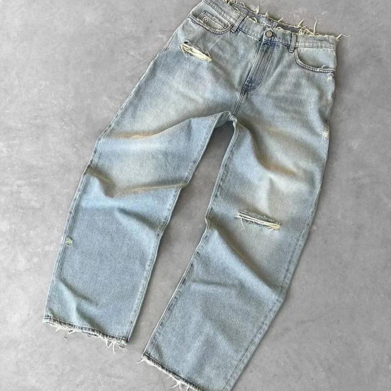 Unisex Gewaschene Zerrissene Distressed Jeans Damen und Herren Lochstickerei Weites Bein Amerikanischer Retro Denim Hosen Baggy Punk Streetwear S blau von Joom DACH