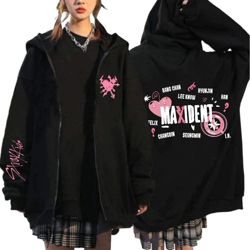 Unisex Harajuku Stray Kids Maxident Print Zip-Up Hoodie, Hip-Hop Y2K Stil M von Joom DACH