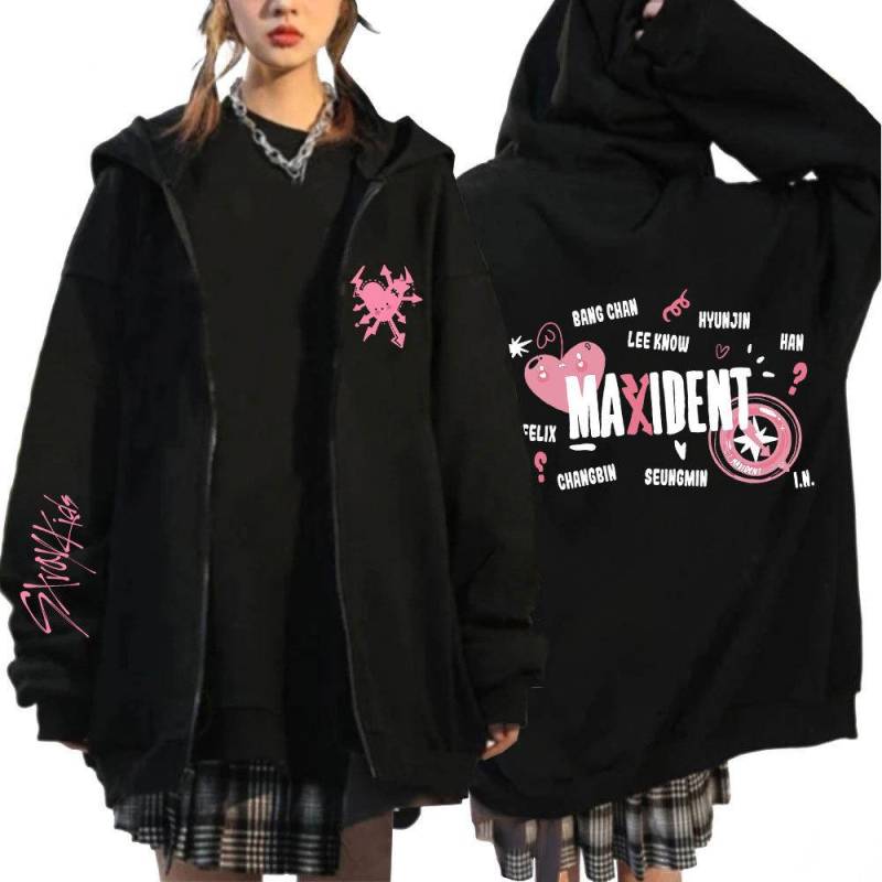 Unisex Harajuku Stray Kids Maxident Print Zip-Up Hoodie, Hip-Hop Y2K Stil M von Joom DACH
