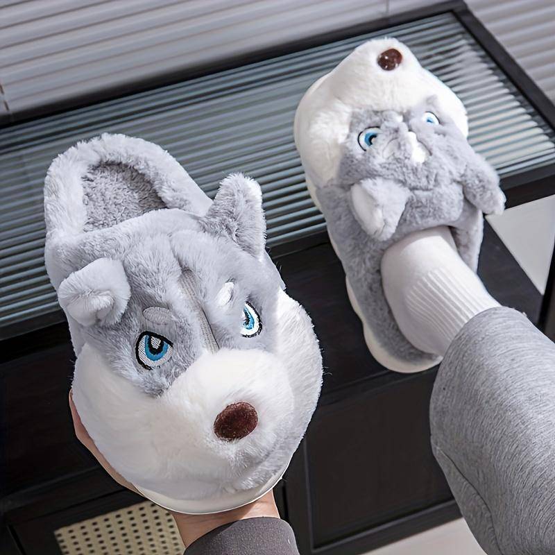 Unisex Husky Cartoon Hausschuhe | Plüschstoff Indoor/Outdoor Slipper mit EVA-Sohle | Gemütliches Winter-Schuhwerk für Männer & Frauen | Niedliches Tierdesign 38-39 licht grau von Joom DACH