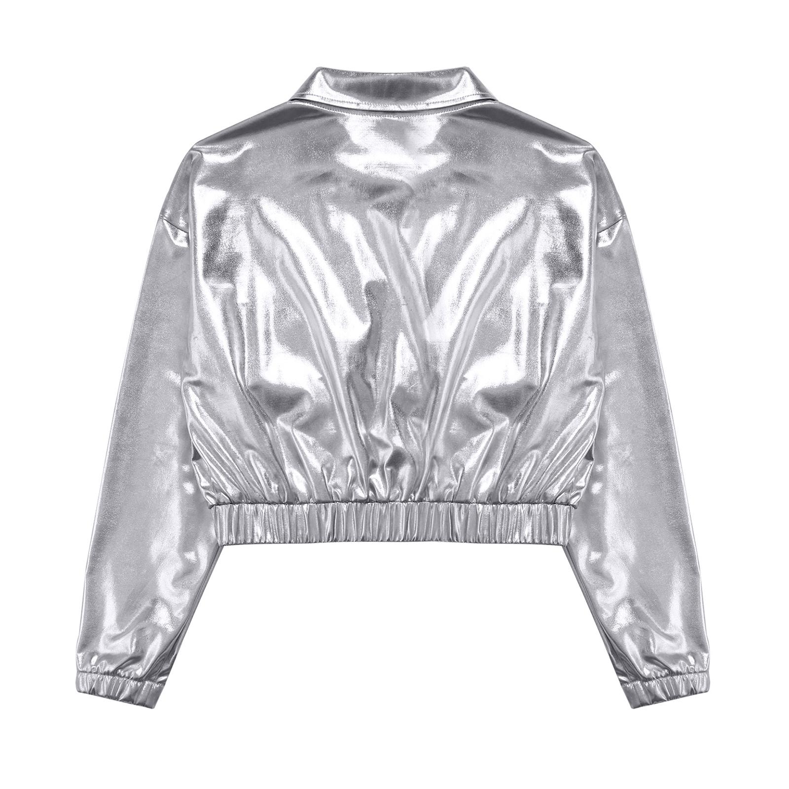 Unisex Kinder Metallic Glänzende Jacke Umlegekragen Lange Ärmel Pattentaschen Tanzmantel 7-8 Years silber von Joom DACH