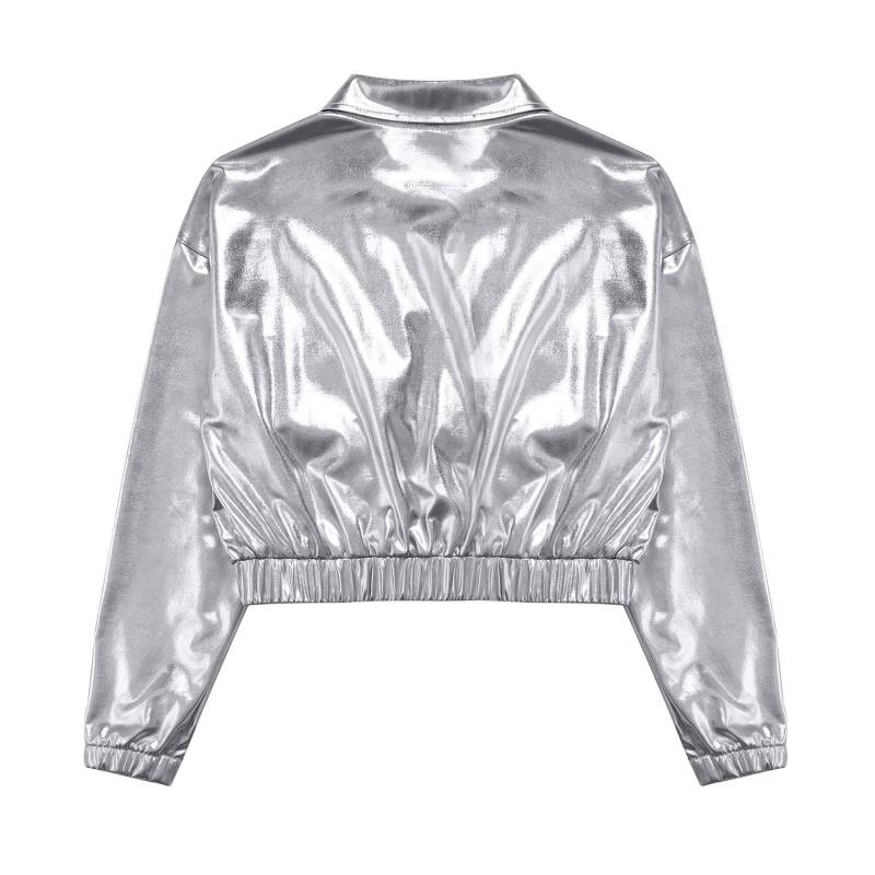 Unisex Kinder Metallic Glänzende Jacke Umlegekragen Lange Ärmel Pattentaschen Tanzmantel 7-8 Years silber von Joom DACH
