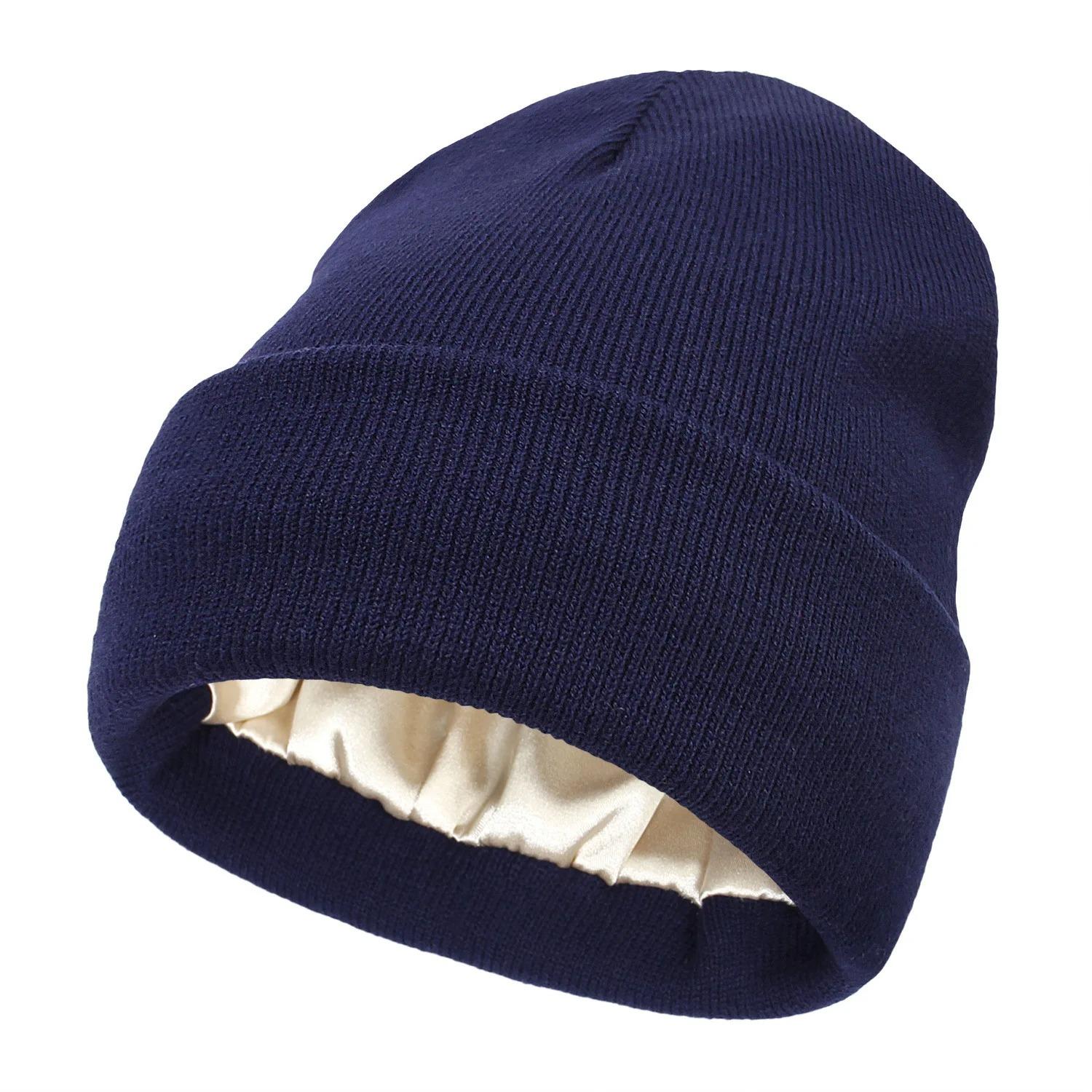Unisex-Mütze mit Satinfutter, antistatisch, für Damen, Wintermütze mit Seidenfutter, lässig, warm, mit Bündchen, Skullies für den Außenbereich navy blau von Joom DACH