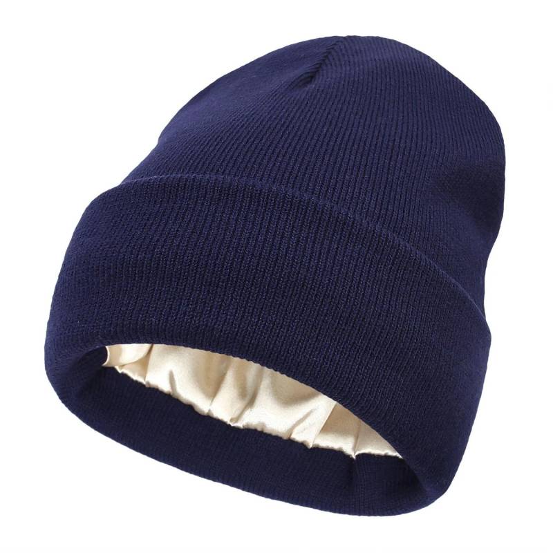 Unisex-Mütze mit Satinfutter, antistatisch, für Damen, Wintermütze mit Seidenfutter, lässig, warm, mit Bündchen, Skullies für den Außenbereich navy blau von Joom DACH