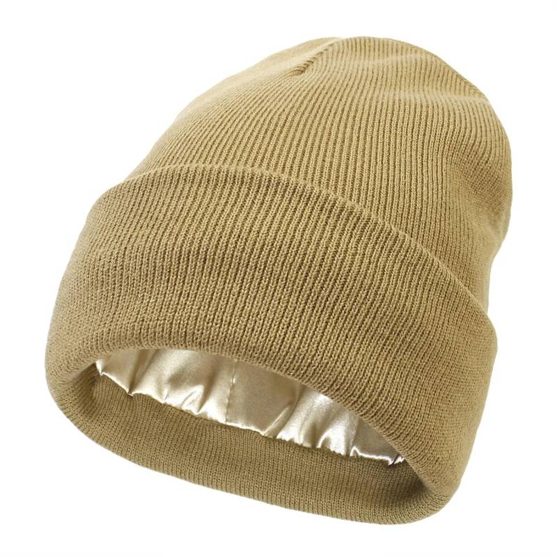 Unisex-Mütze mit Satinfutter, antistatisch, für Damen, Wintermütze mit Seidenfutter, lässig, warm, mit Bündchen, Skullies für den Außenbereich khaki von Joom DACH